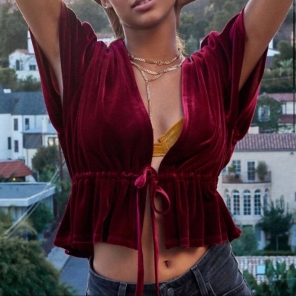 Urban Outfitters Red Velvet Open Tie Front Top